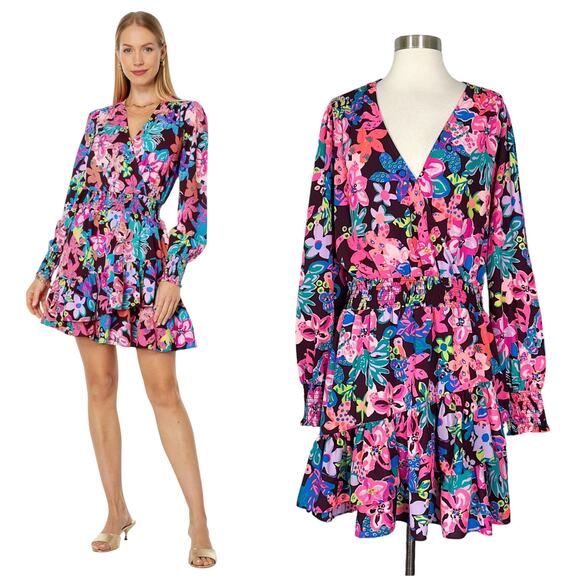 Lilly Pulitzer | Cristiana Pink Brown Floral Ruffle Plus Size Mini Dress 16 - Picture 1 of 11